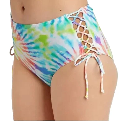 California Waves Womens TIE-DYE Blue Purple Lace High Waist Bikini Bottom XS NWT - Image 1 of 3