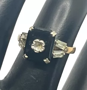 10k gold filled & sterling black stone rhinestone ring size 4.5 vintage - Picture 1 of 16