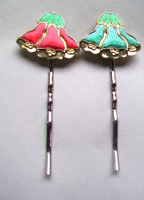   Bobby Pin set - BLUE AND RED  ENAMEL FLOWER ACCENT- RHODIUM PLATE - Image 1 of 2