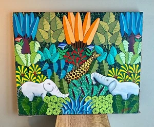 FRANTZ GOUSSE LISTED HAITIAN ARTIST ORIGINAL JUNGLE SCENE PAINTING - Picture 1 of 7
