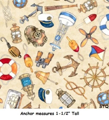 Tela de edredón de algodón náutico de vela suave QT telas ancla boya crema 27161-A Foto 1 de 4