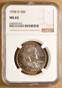 1958 D Franklin Silver Half Dollar NGC MS65 - Picture 1 of 4