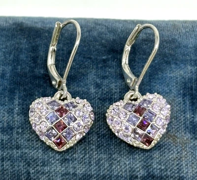 Givenchy Earrings Heart Dangle Multicolor Crystal Lever Back Silver Tone - Image 1 of 4
