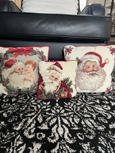 3 VTG Christmas Santa Face Handmade Needlepoint Throw Pillows Velvet Back - Picture 1 of 16