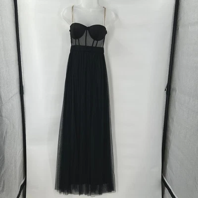 Vestido maxi Whimsigoth preto tule médio espartilho corpete transparente festa gótica - Imagem 1 de 4