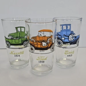 Vintage Hazel Atlas Antique Auto Car Drinking Glasses. Set Of 3 Chevrolet Ford - Picture 1 of 12