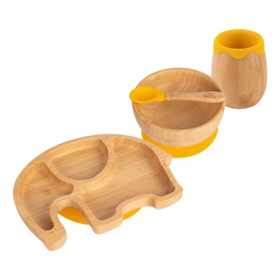 4pc Tiny Dining Gelb Elefant Bambus Baby-Fütterungsset Entwöhnung Teller - Bild 1 von 4