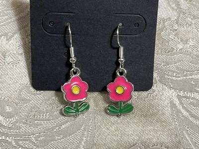 Vintage Dark Pink Daisy Enamel Silver Dangle Fashion Bohemian Casual Earrings - Image 1 of 2