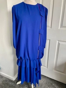 vintage 80s Blue Dress Size 16 Polyester Retro Berkertex Cottagecore disco party - Picture 1 of 10