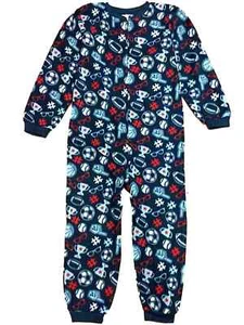 Boys Blue Fleece Sports Themed Union Suit Sleeper Football & Soccer Pajamas 6-7 - Picture 1 of 1