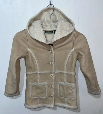 Abrigo LL Bean Niñas 8 Beige Tostado Imitación Gamuza Forrado Sherpa Con Capucha Abotonada Foto 1 de 4