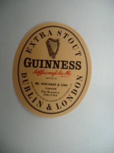 MINT GUINNESS EXTRA STOUT BOTTLED BY WHITAKER HALIFAX BREWERY BEER BOTTLE LABEL - Picture 1 of 1