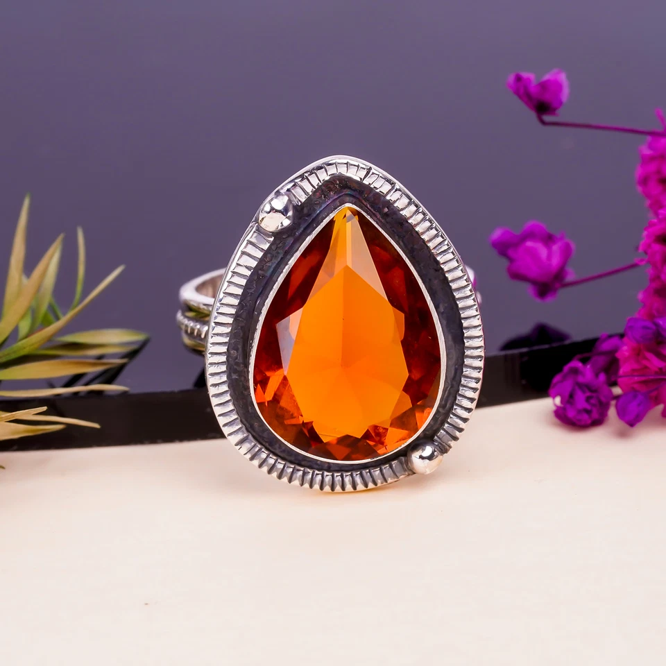 Lindo anel de prata esterlina 925 com pedra preciosa de granada de hessonita - Imagem 1 de 4
