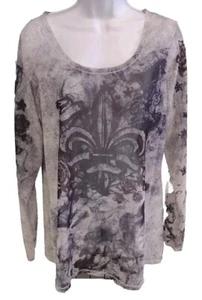 Rock & Republic Tattoo Shirt Woman's Large Long Sleeve Grey Roses Cross Blouse - Picture 1 of 6