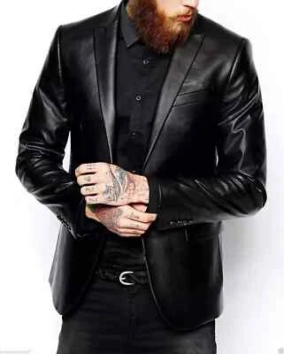 Men's Blazer  Leather Jacket Slim Fit Biker Retro Style Gothic Punk Black Coat - Image 1 of 3