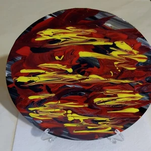 Modern ART-SIGNED- Hand Painted on 7 1/4in Dia Metal Disc W/Stand- One of a Kind - Picture 1 of 9
