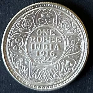 1916 seltene 1 Rupie Britisch-Indien King George V Münze KM#524 Silber Kalkutta Neuwertig - Bild 1 von 6