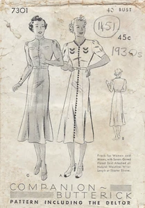 1930s Vintage Sewing Pattern B40 DRESS (1451) Butterick 7301 - Picture 1 of 3