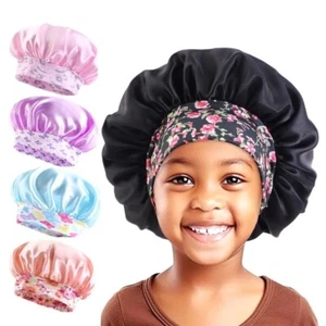 Kids Girl Satin Bonnet Cap Night Sleep Hat Hair Head Cover Elastic Wide Band Hat - Picture 1 of 17