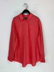 Lands' End Red Linen Blend Shirt Long Sleeve Collared Half Button Pockets UK L - Picture 1 of 12