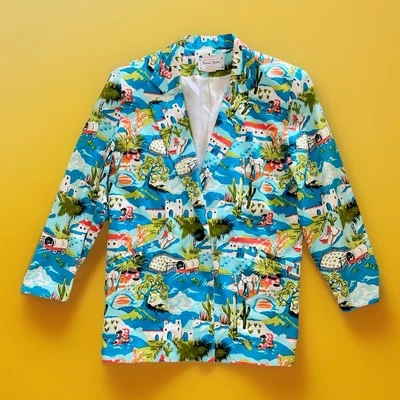 Blazer feminino vintage Sharon Young Dallas forrado em S estampa de cowboy ocidental kitsch - Imagem 1 de 4