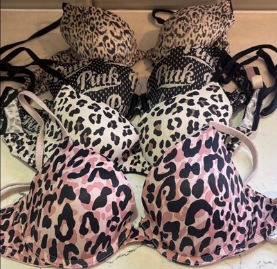 Victoria's Secret Sujetador Rosa Paquete Talla 32C Lote De 4 Estampado Animal Leopardo Foto 1 de 4