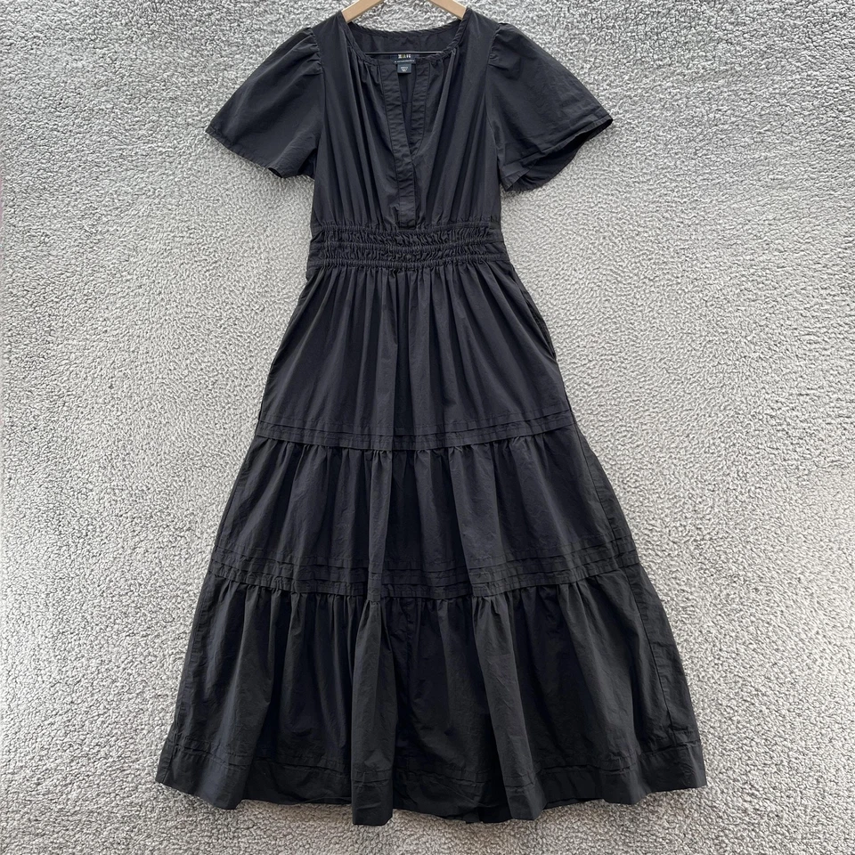 Maeve by Anthropologie Dress Small Black Cotton Boho Tiered Maxi Smocked Pockets - Image 1 of 4