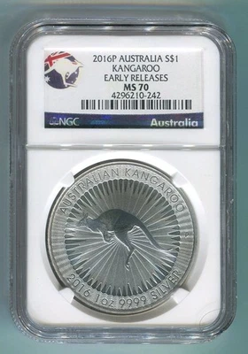 2016P AUSTRALIA $1 KANGAROO NGC MS70 EARLY RELEASES ER $1 SILVER COIN - Image 1 of 2