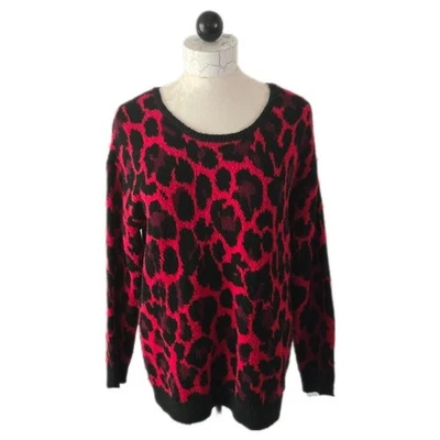 Apt 9 Women’s L Red Leopard Print Fuzzy Soft Knit V-Neck Pullover Sweater - Image 1 of 4