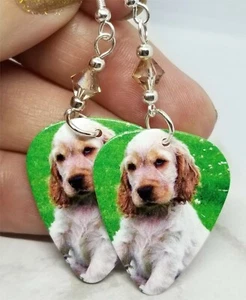 Cocker Spaniel Puppy Guitar Pick Earrings with Champagne Swarovski Crystals - Picture 1 of 4