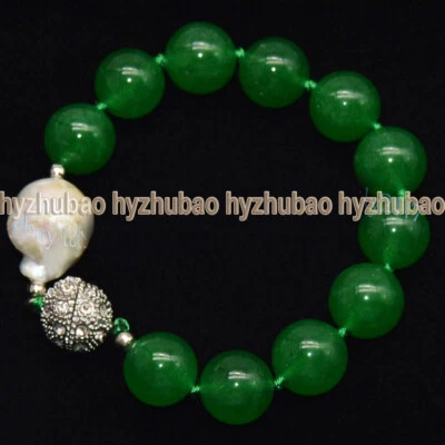 Brazalete grande de perlas barrocas blancas y jade verde redondo natural de 12 mm 8" AAA Foto 1 de 3