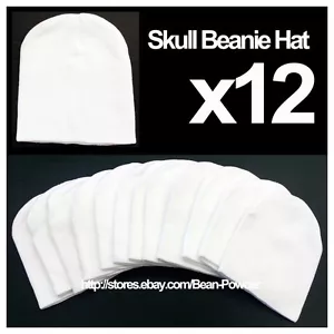 **WHITE** WHOLESALE LOT OF 12 PLAIN BLANK SOLID SKULL SHORT BEANIE HATS - Picture 1 of 1