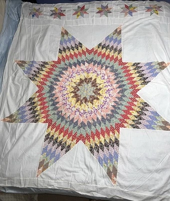 Vintage Quilt Top Hand Stitched Lone Star Large Center Cotton Farmhouse 67x78 - Image 1 of 4