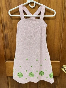 Lilly Pulitzer Girls Sear suckers Sun Dress SZ 8 Pink Green White Embroidered - Picture 1 of 11