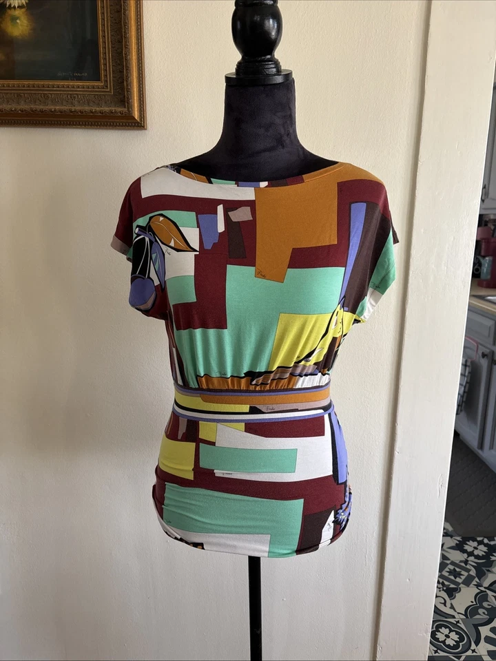 Top para mujer Emilio Pucci vintage pequeño multicolor geométrico manga corta Foto 1 de 4