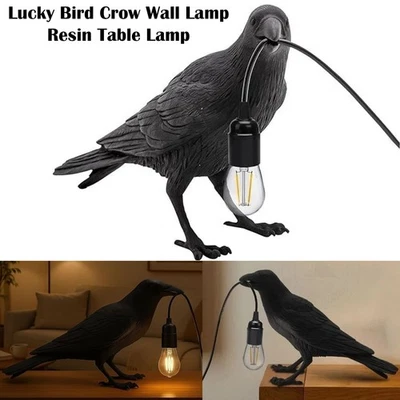 ELECTRICALSONE Lucky Black Bird Resin Crow LED Desk Lamp, E27 Base, Modern Art Deco, Bedroom