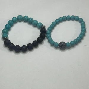 2er Set Stretch Armbänder Perlen türkis farbig blau anthrazit grau Steine - Bild 1 von 7