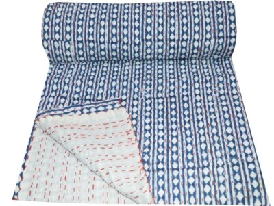 Indian Handmade Kantha Quilt Bedspread Blanket Polka Dot Print Kantha Throw Gudr - Image 1 of 4