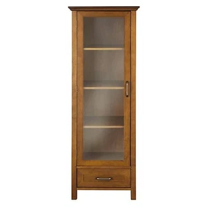 Floor Cabinet Curio Case Display Storage Drawer Glass Doors Oil Oak Finish New - Picture 1 of 3