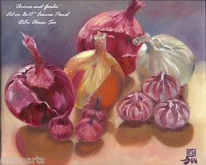 Onions & Garlic, Original Still-life Oil Painting, Artist Signed, 2000-Now - Picture 1 of 2