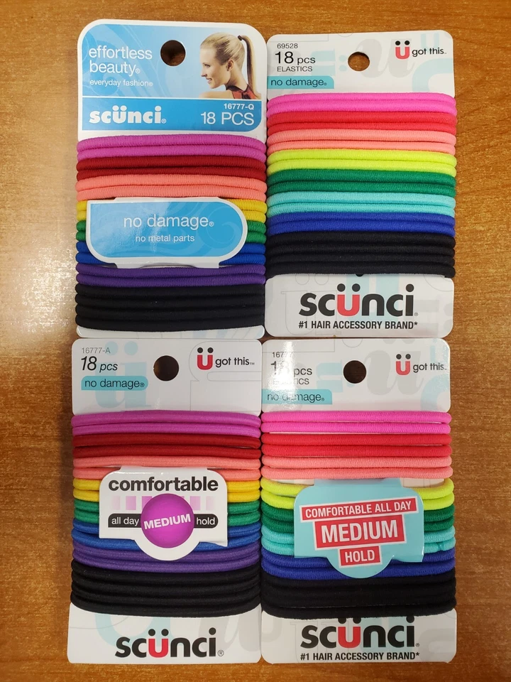 4 pacotes de 18: gravatas de cabelo Scunci sem danos multicoloridas fixação média (1464-R7P7a) - Imagem 1 de 2