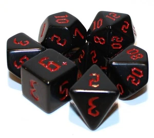 7 Stück Black Chaos Polyhedral Dice Set - Red Gothic Font - Red Dice Bag - Bild 1 von 2