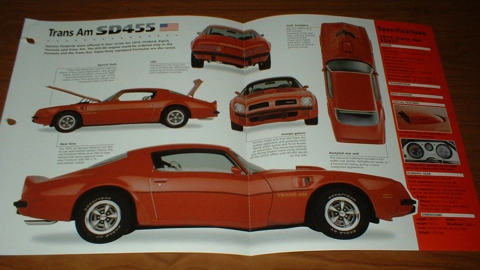 1974 Pontiac Trans Am SD455 Original Imp Folheto Especificações Firebird T/A SD 455 74 - Imagem 1 de 1
