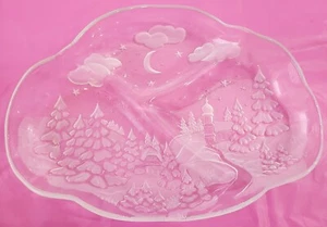 Vintage Mikasa Glas Weihnachten geteilt Platte Bäume, Mond, Sterne, Kathedrale - Bild 1 von 7
