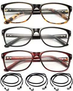 Paquete de 3 gafas de lectura de tamaño mediano con marco de valor para hombre +100-+400 con cordón - Imagen 1 de 2