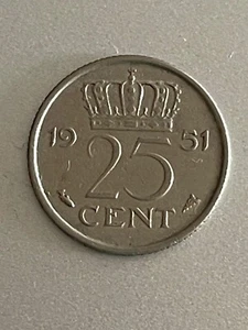 1951 Netherlands 25 Cents KM# 183 Nickel Coin - Picture 1 of 2