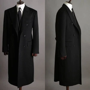 Men Long Overcoat Black Wool Blend Coat Winter Double Breasted Business Outwear - Picture 1 of 6