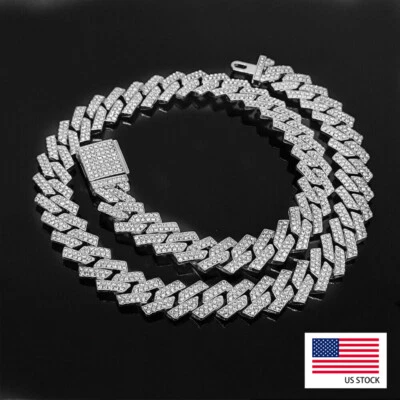 Collar Cubano Chapado en Oro Blanco Hip Hop 12MM 15MM Circonita Helada Cadena de Eslabones Cubanos Foto 1 de 4