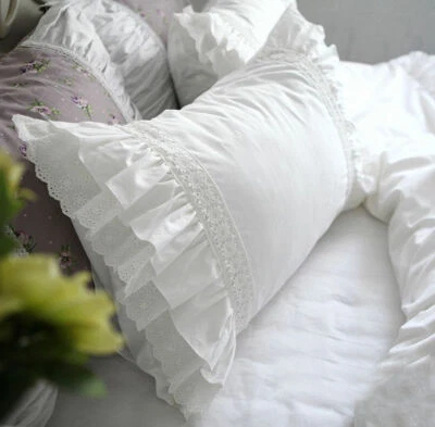 Funda de Almohada Bordada Vintage Algodón Blanco Volantes Encaje Funda de Almohada 19x29" Foto 1 de 4