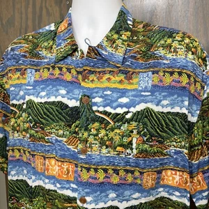 VINTAGE Guy Buffet Reyn Löffel Herren L Tropical Volcano Front Tasche Shirt EUC - Bild 1 von 5